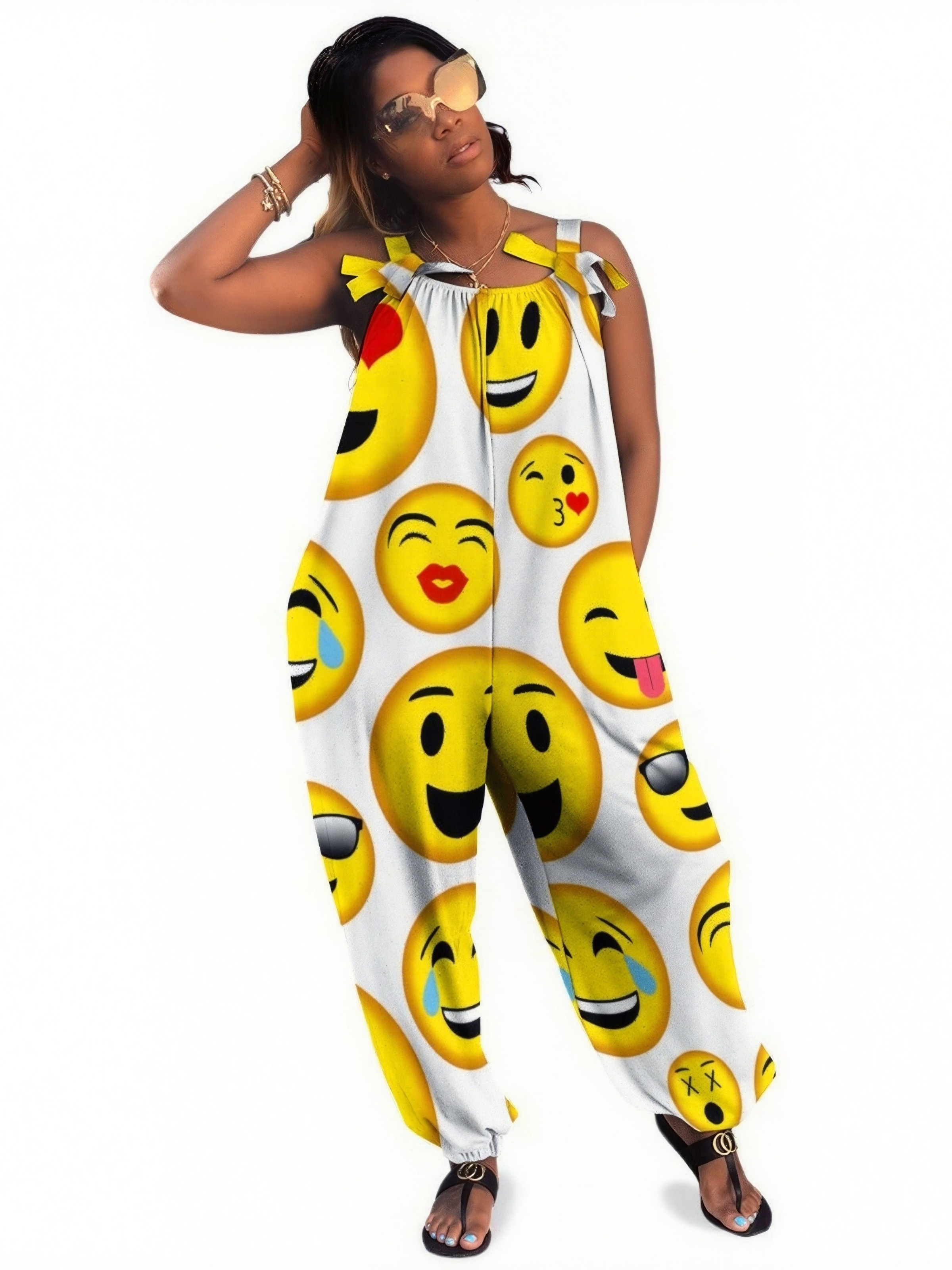 Women Mixed Emoji Print Loose Fit Baggy Harem Overall Jumpsuit Tie Spaghetti Strap Casual Long Pants Rompers