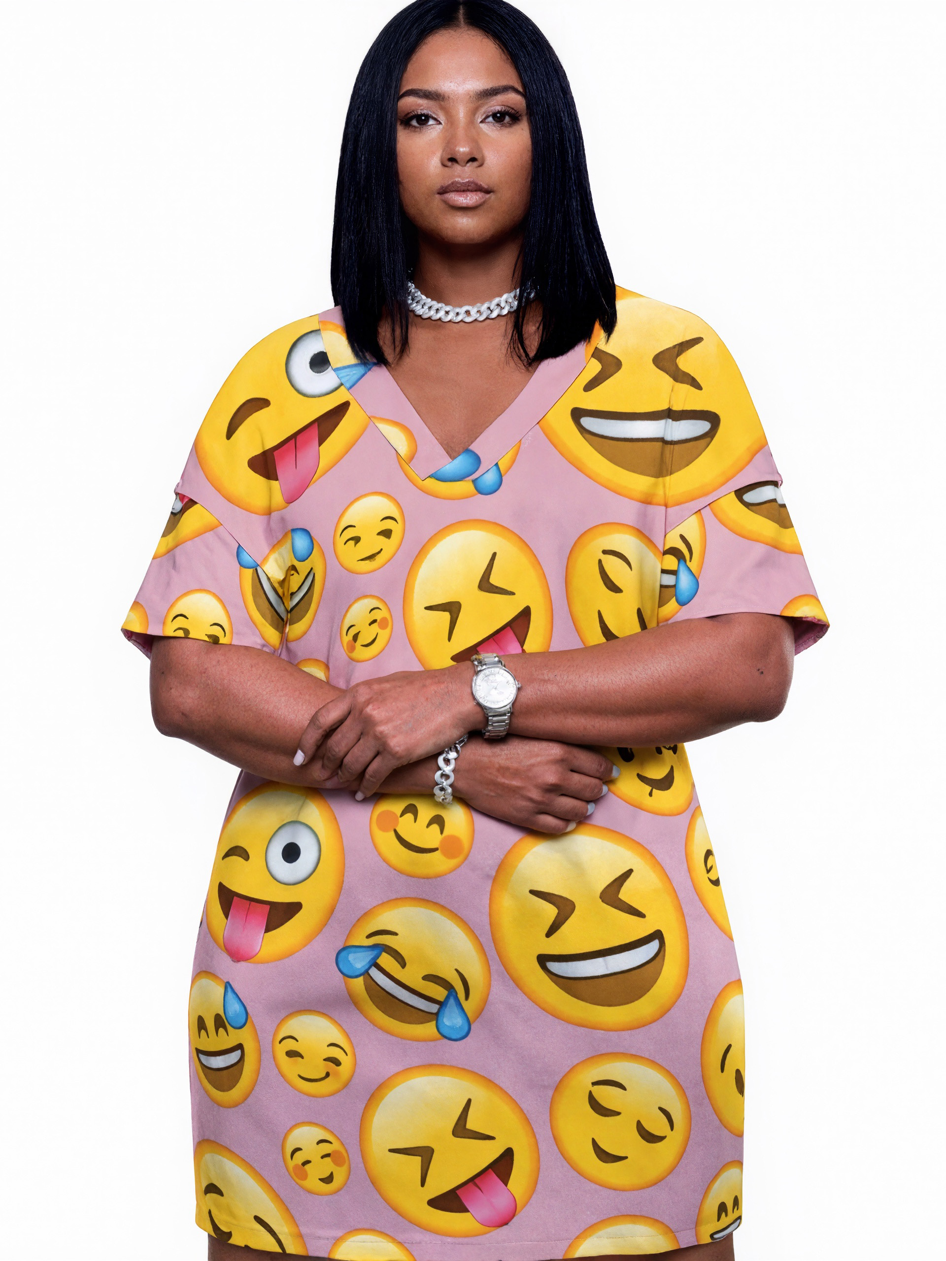 Laugh Out Loud Lol Emoji Print Beach Boho Above Knee Length Tunic Dress Women Plus Size V Neck Midi Dress With Pockets
