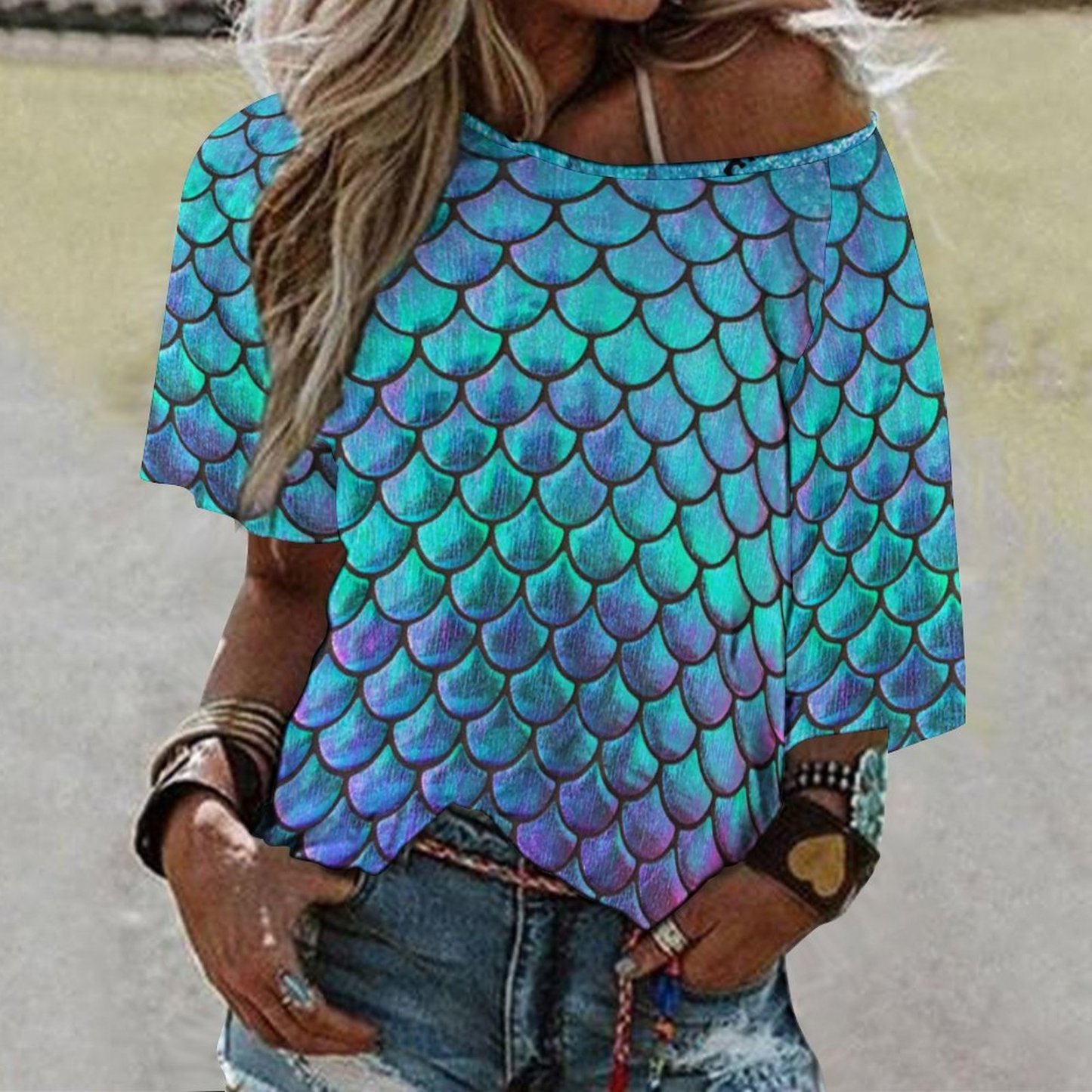 S-5XL Summer Mermaid Fish Scale 3/4 Bell Sleeve T-Shirt Elbow Length Basic hippie Tunics Tops for Women-Charlylifestyle