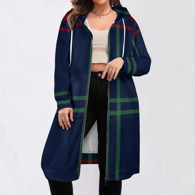 Lynch Clan Tartan Navy Blue Plaid Zip Up Long Hoodie Jacket Women Tunic Sweatshirt Plus Size Open Front Cardigan Outfits
