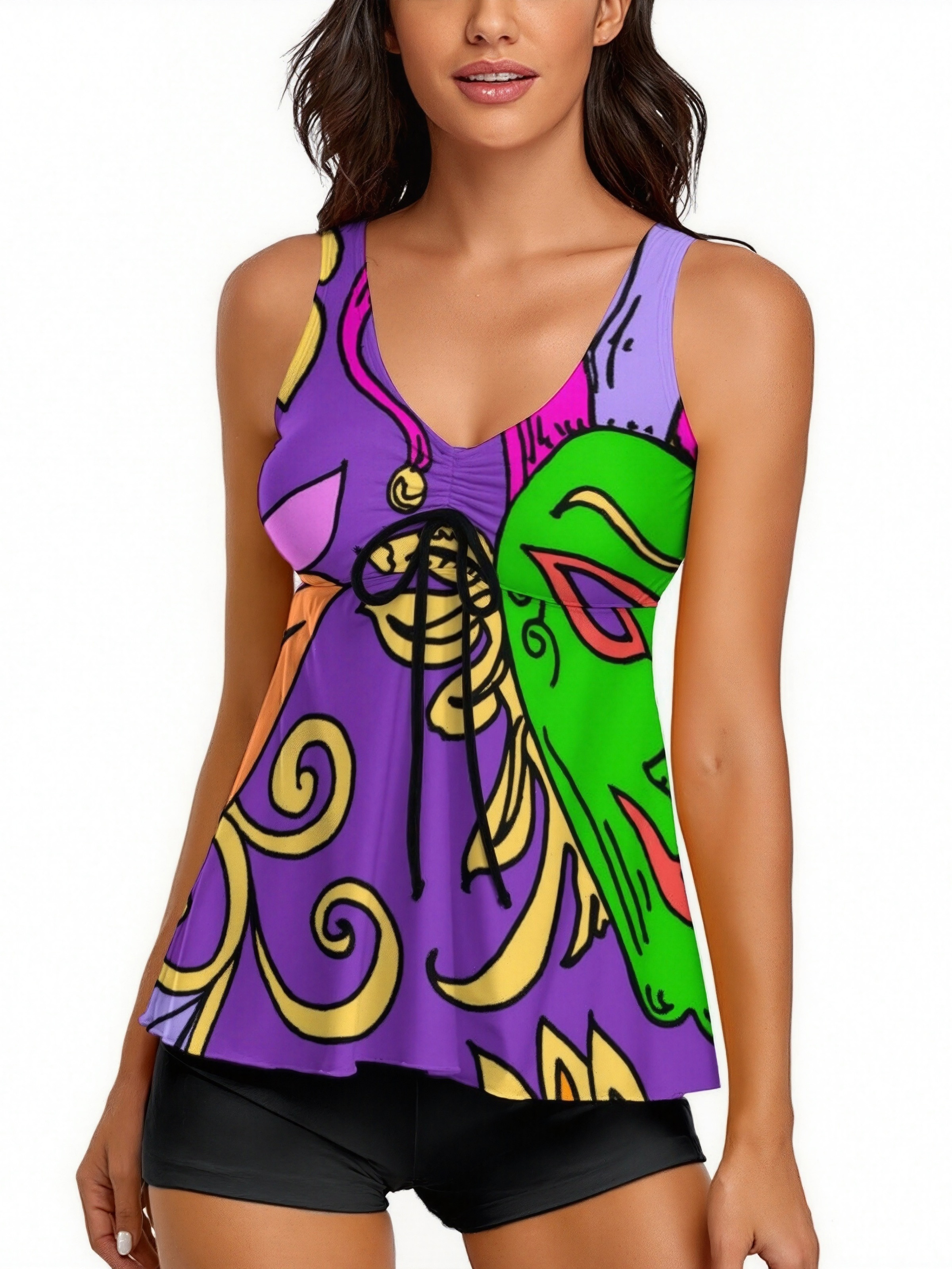 Mardi Gras Green Purple Masquerade Masks 2 Pieces Blouson Tankini Swimsuit Women Tummy Control Bathing Suit with Shorts Swimwear