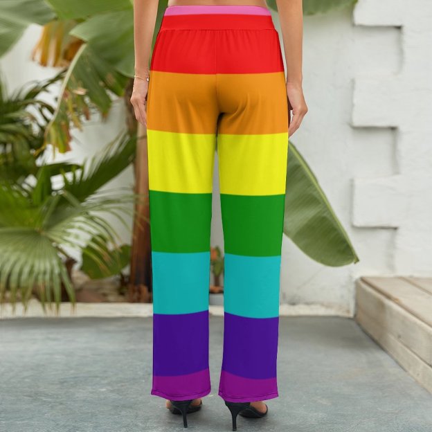 S-2XL Lgbt Rainbow Flag Original 8 Stripes Women's High Waist Wide Leg Long Palazzo Lounge Pants-Charlylifestyle