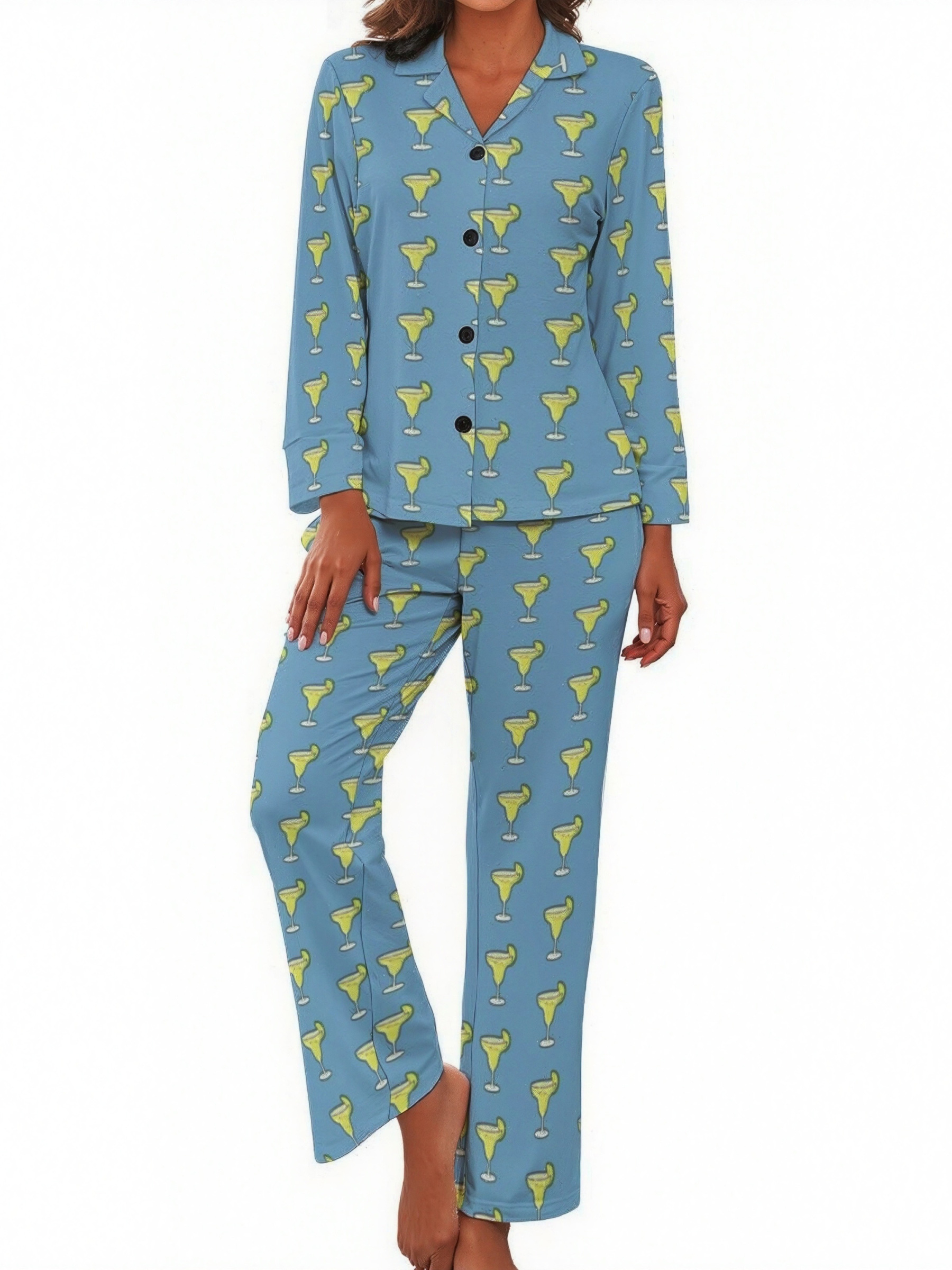 Margarita Cocktail Print Women Long Sleeve Two Piece Sleepwear Soft Bu