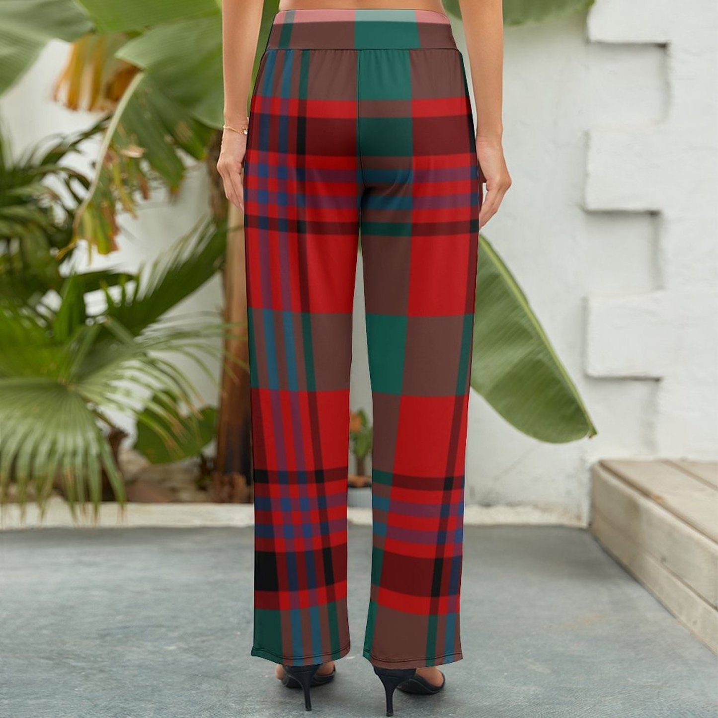 Maguire Tartan Red And Green Plaid Printed Women's High Waist Wide Leg Long Palazzo Lounge Pants-Charlylifestyle