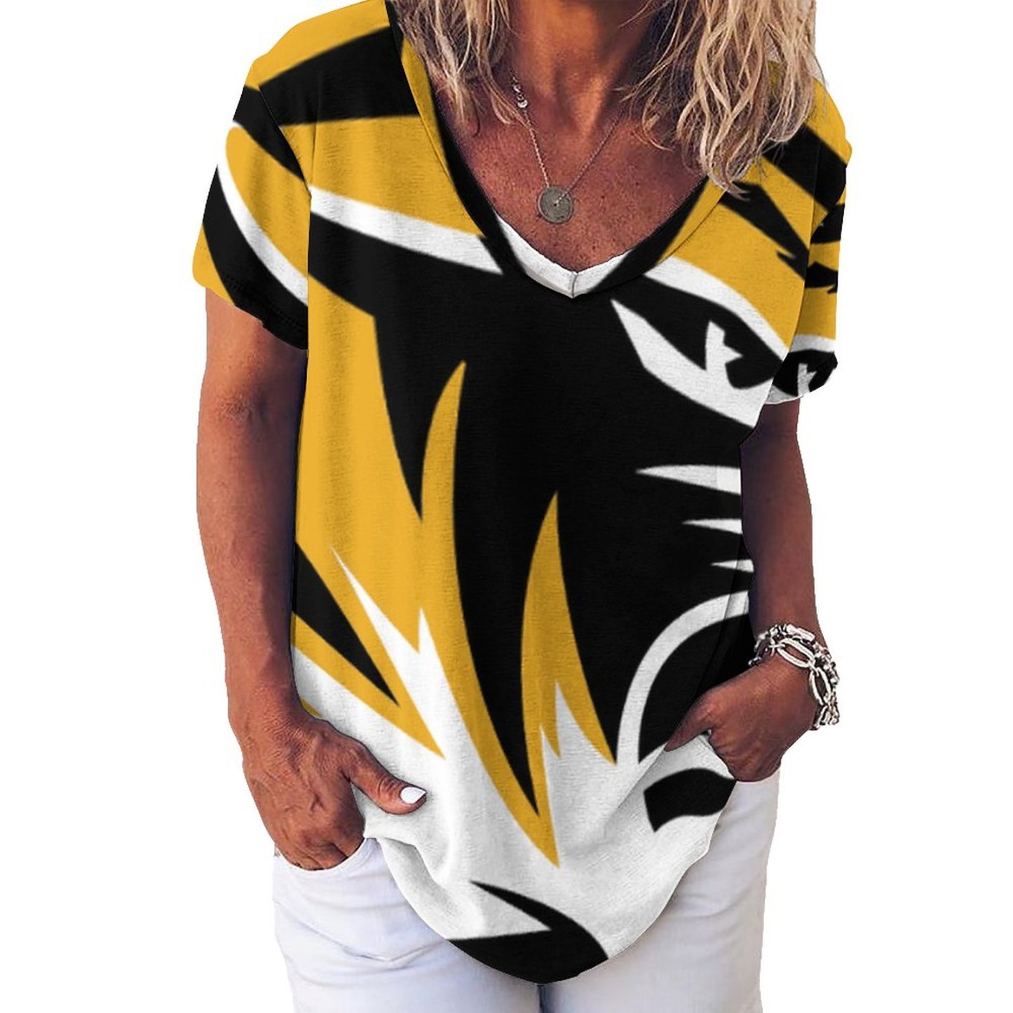 Mizzou Tiger Stripe Womens Summer Casual T Shirts Boho Full Print Short Sleeve Loose Hippie Tunic Tops-Charlylifestyle