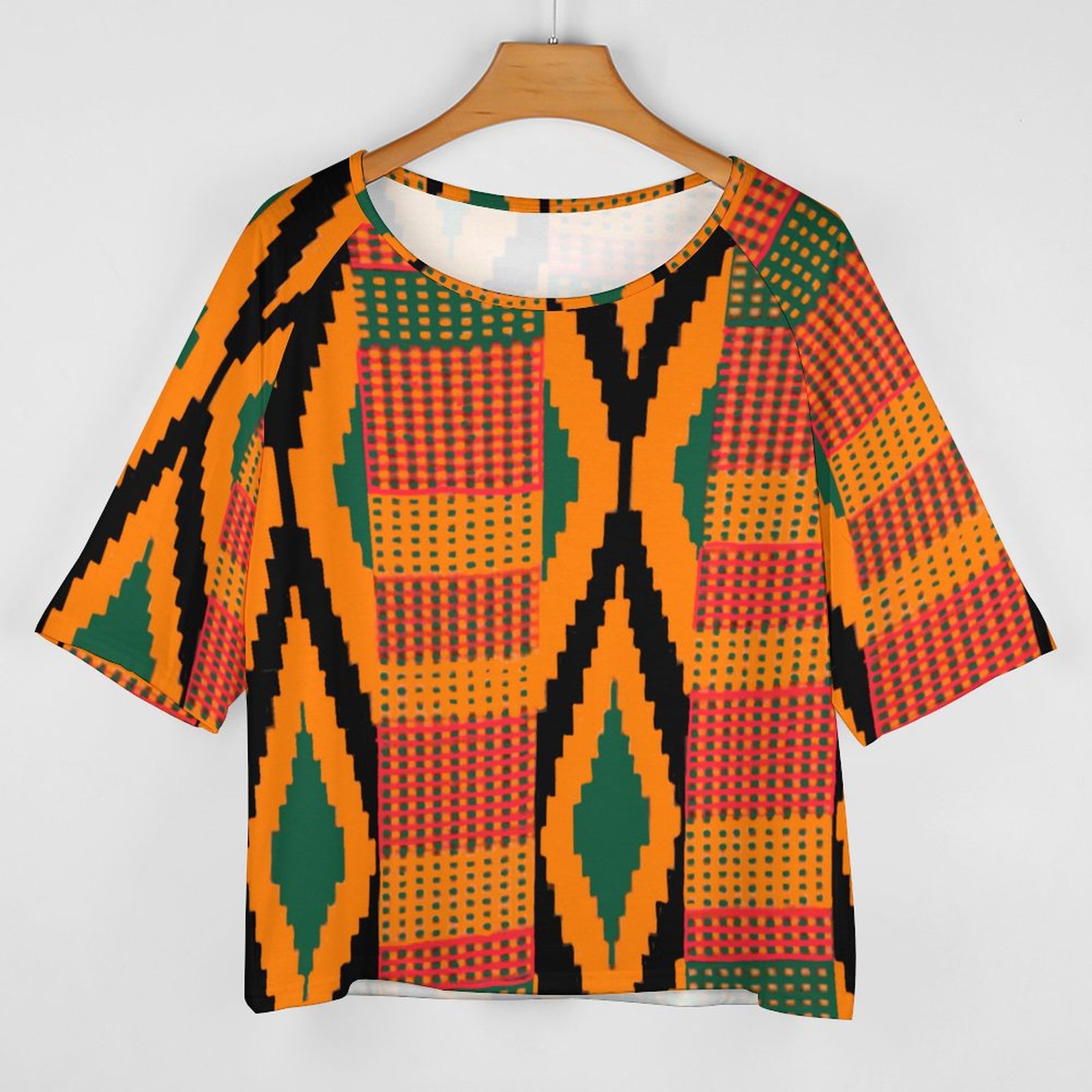 S-5XL Funny Vintage Kente 3/4 Bell Sleeve T-Shirt Elbow Length Basic Tunics Tops for Women-Charlylifestyle