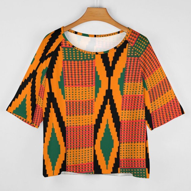 S-5XL Funny Vintage Kente 3/4 Bell Sleeve T-Shirt Elbow Length Basic Tunics Tops for Women-Charlylifestyle