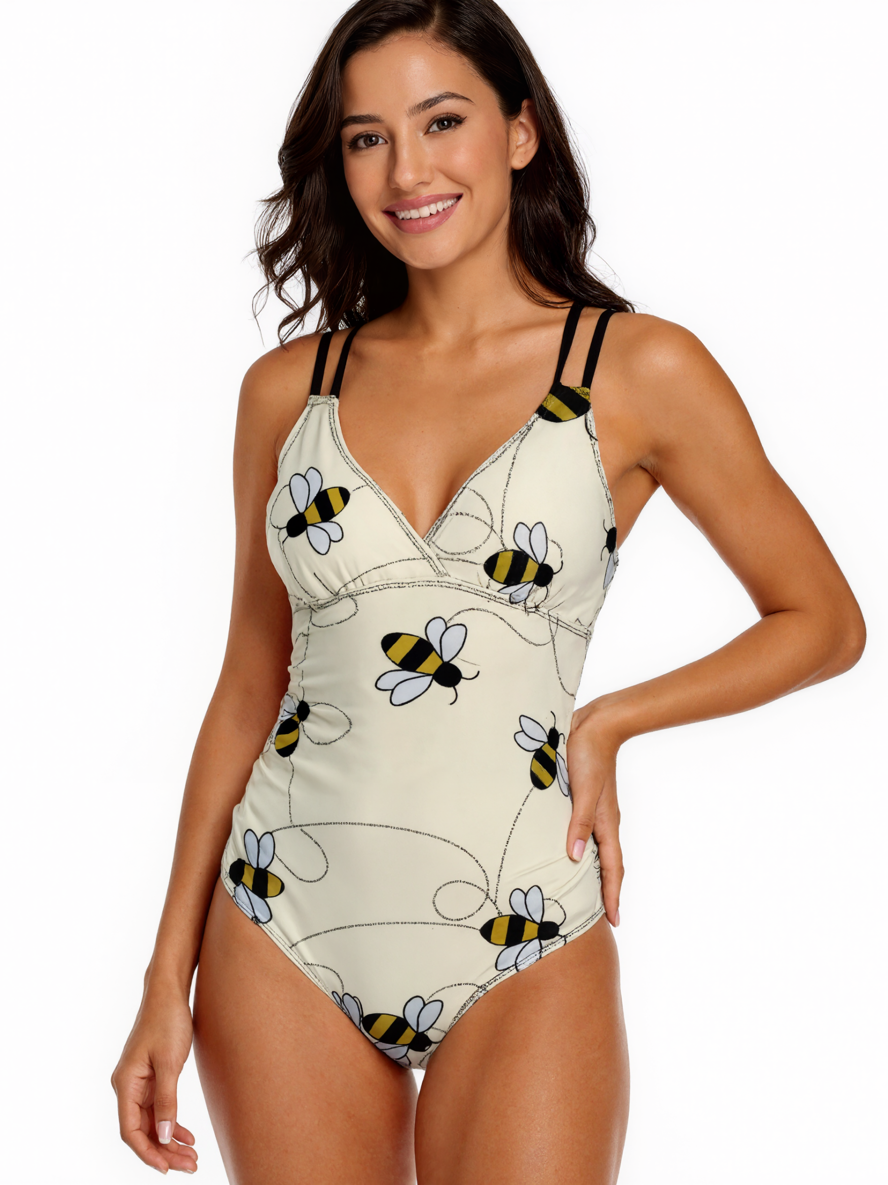 Summer Beach Party Modern Bumble Bees Halter Backless Ruched One-Piece Swimsuit Tummy Control V Neck Bathing Suits