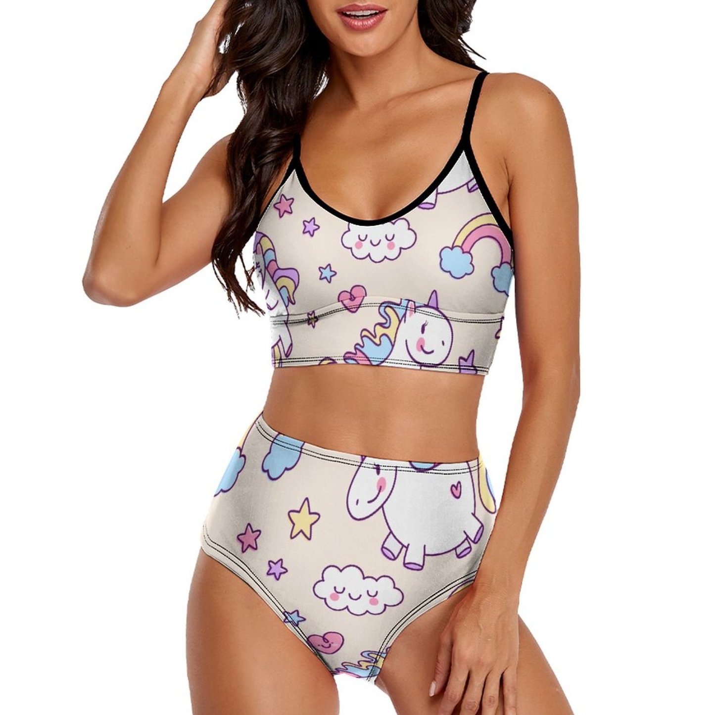 Kawaii Chubby Flying Unicorns Rainbow 2 Piece Bikini Swimsuit Women Wireless High Waist Bathing Suit
