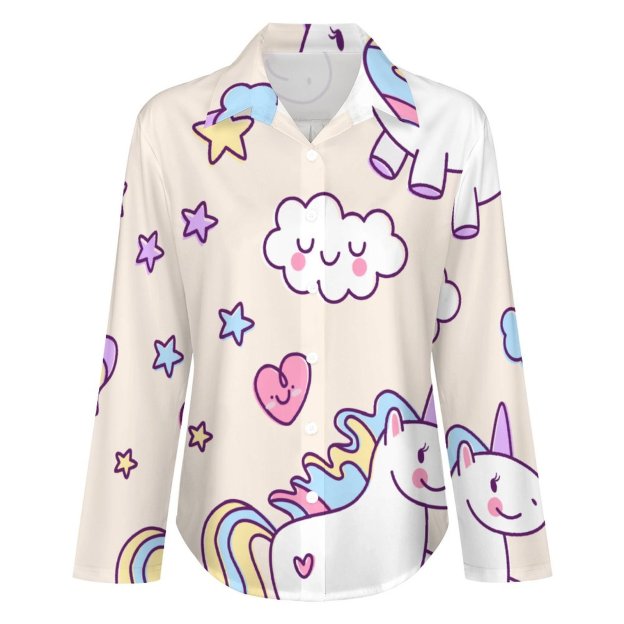 Personalized Kawaii Chubby Flying Unicorns Rainbow Button Down Shirts- Custom Unicorns Casual Shirt Blouse