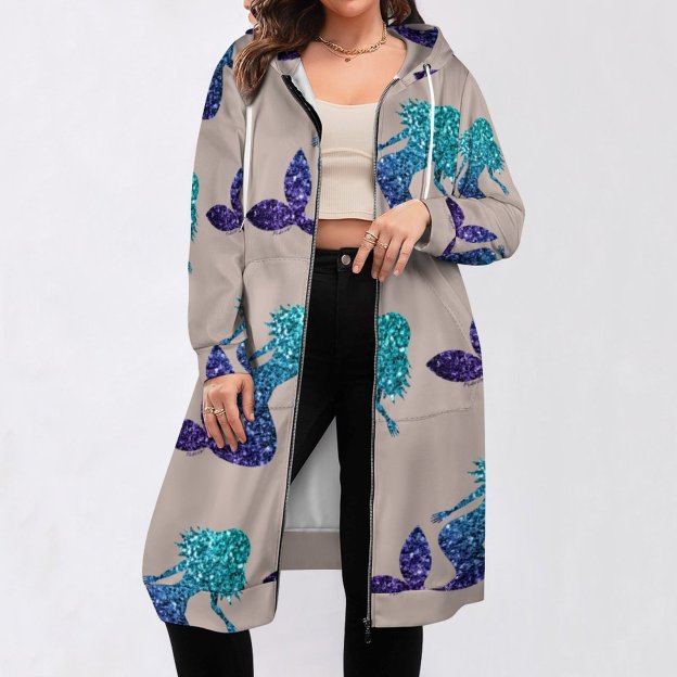 Mermaid Aqua Blue Ombre Sparkles Zip Up Long Hoodie Jacket Women Tunic Sweatshirt Plus Size Open Front Cardigan Outfits