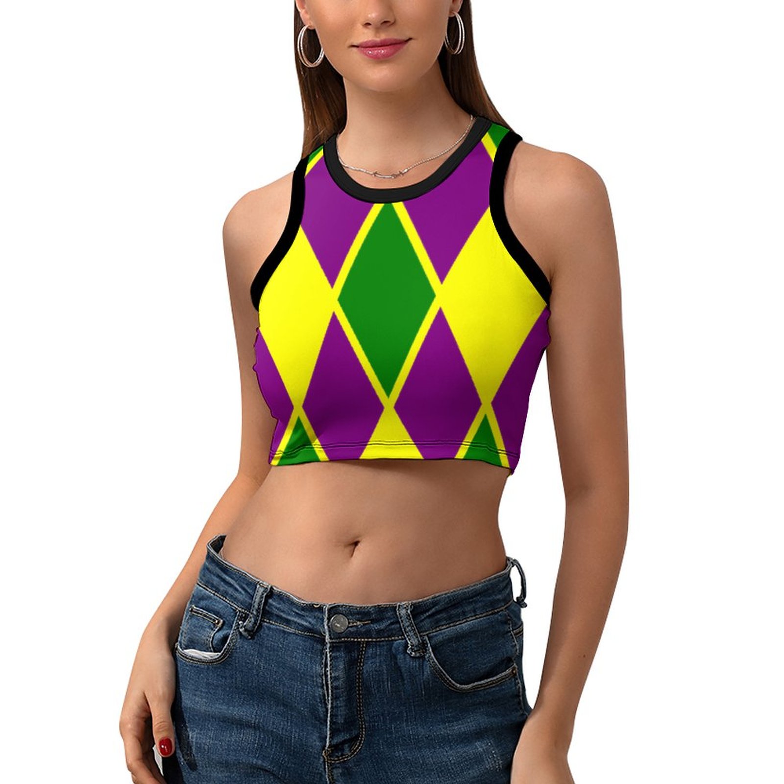 Women Mardi Gras Fat Tuesday Harlequin Crew Neck Crop Tank Basic Sleeveless Graphic Hippie Boyfriend Style Tee Tops-Charlylifestyle