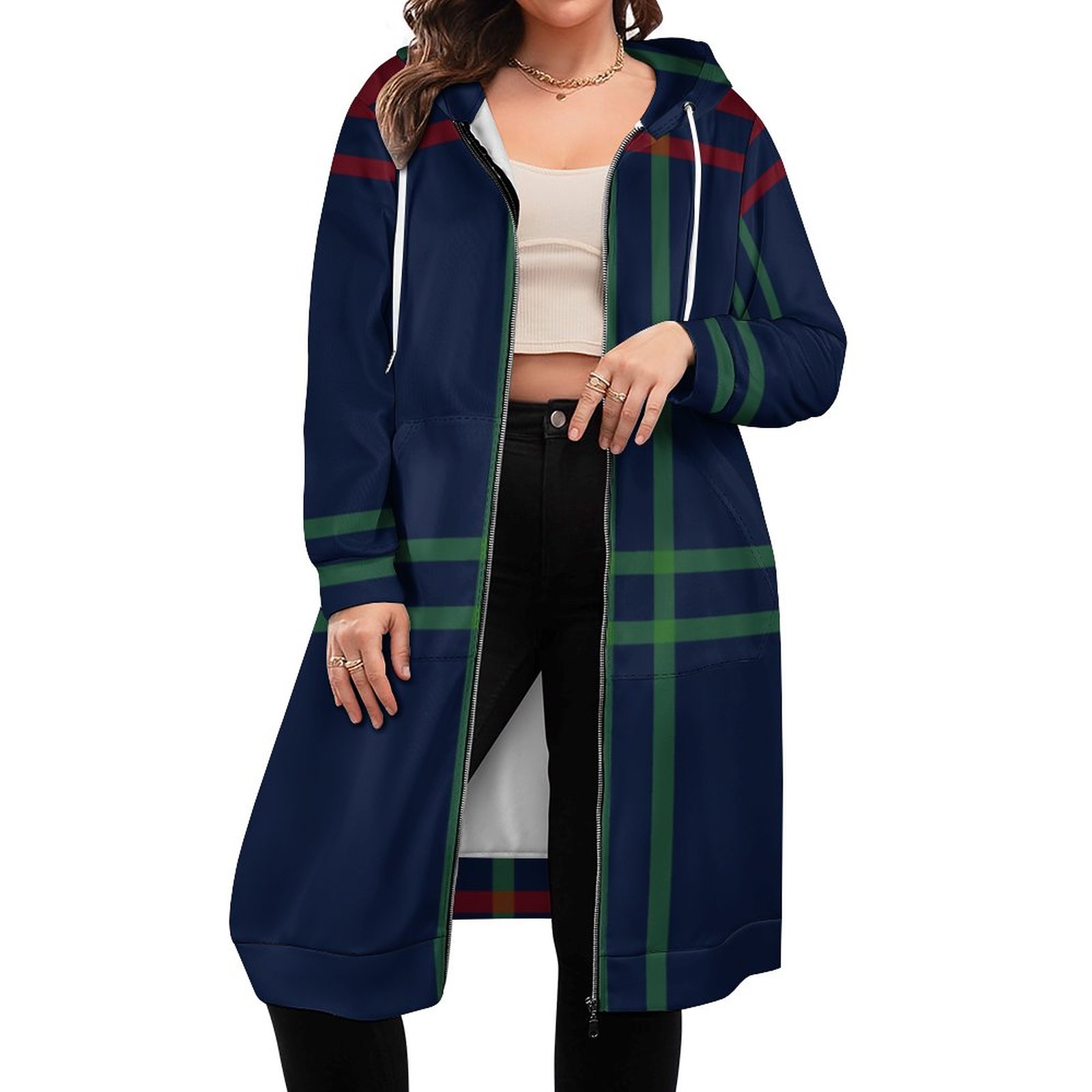 Lynch Clan Tartan Navy Blue Plaid Zip Up Long Hoodie Jacket Women Tunic Sweatshirt Plus Size Open Front Cardigan Outfits