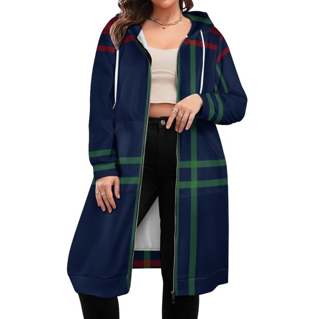 Lynch Clan Tartan Navy Blue Plaid Zip Up Long Hoodie Jacket Women Tunic Sweatshirt Plus Size Open Front Cardigan Outfits