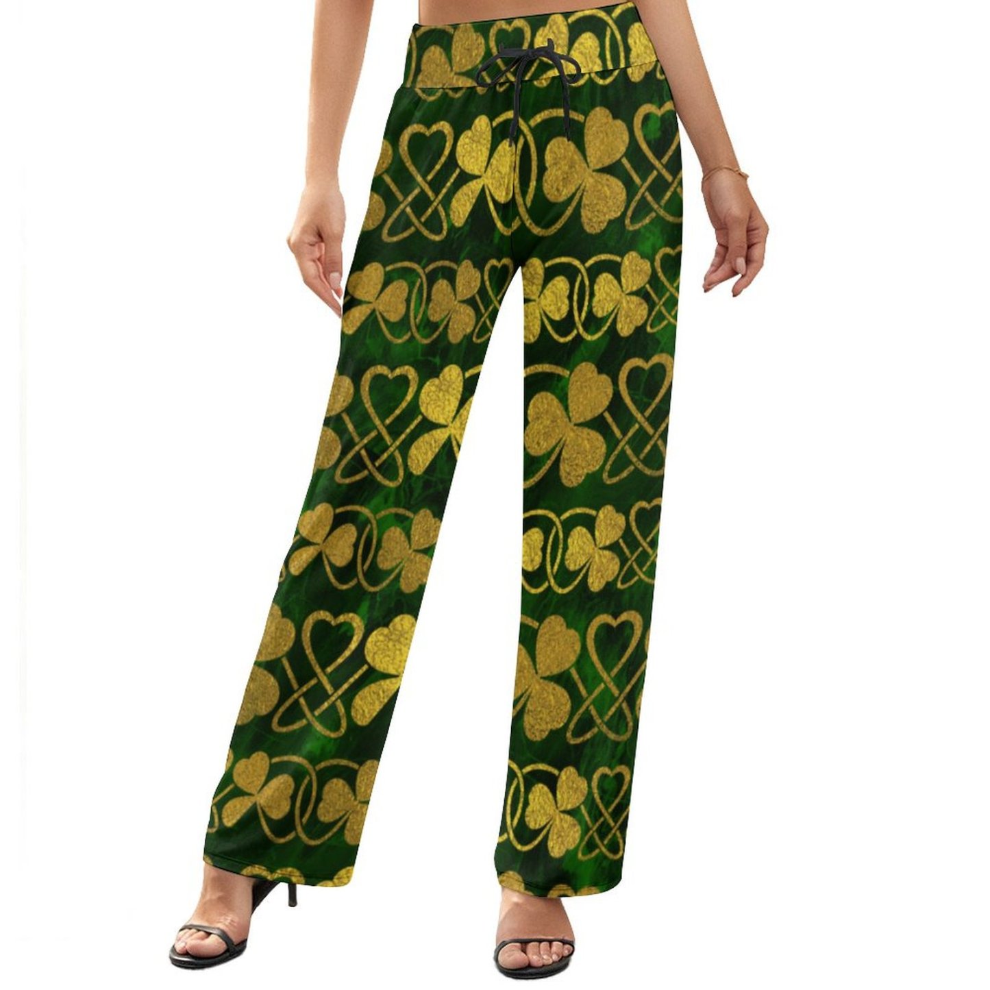 S-2XL Irish Shamrock Clover Gold And Green Women's High Waist Wide Leg Long Palazzo Lounge Pants-Charlylifestyle
