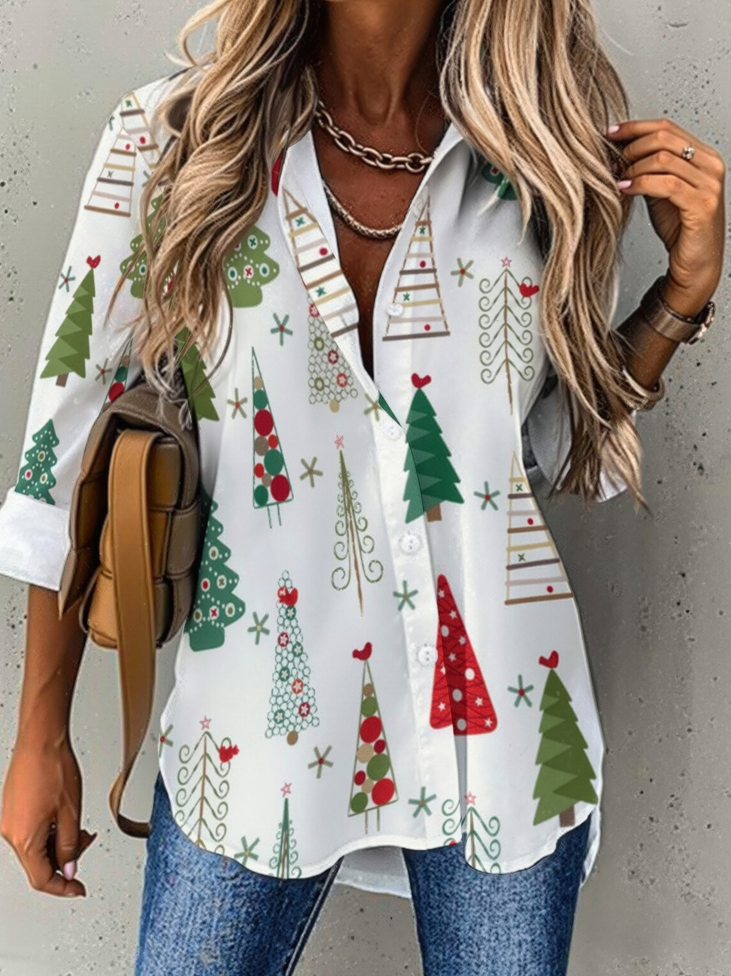 Modern Minimalist Christmas Tree Button Down V Neck Shirts Long Sleeve Blouse Roll Up Cuffed Sleeve Casual Shirt Tops