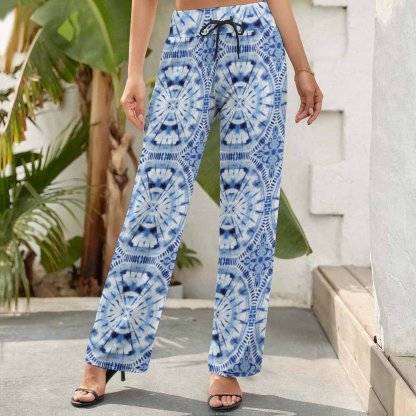 Summer Fall Indigo Blue Shibori Tie Dye Printed Women's High Waist Wide Leg Long Palazzo Lounge Pants-Charlylifestyle