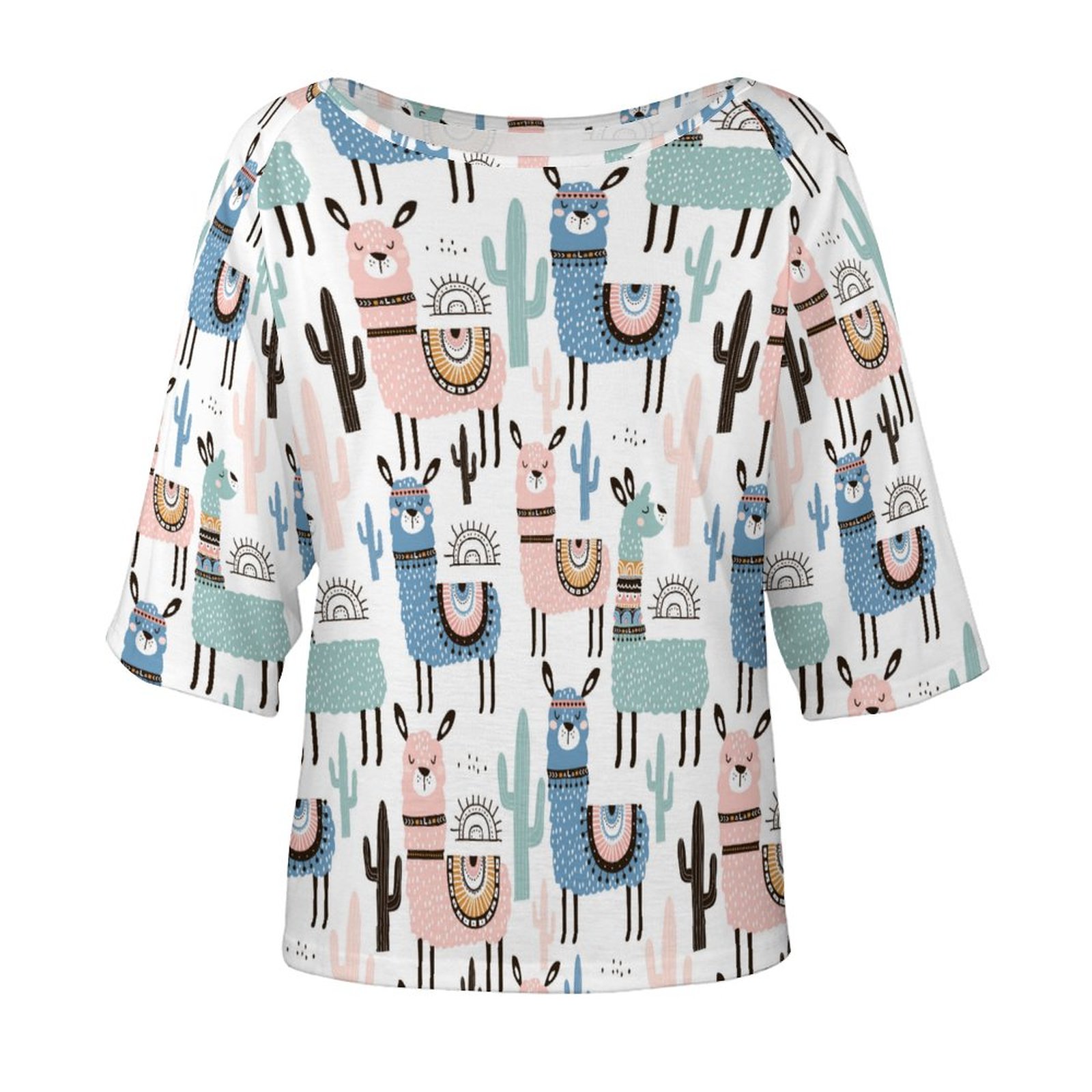 Funny Vintage Llama And Cactus 3/4 Bell Sleeve T-Shirt Elbow Length Basic Tunics Tops for Women-Charlylifestyle