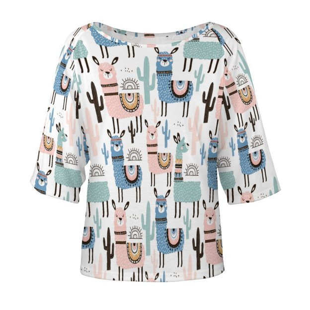 Funny Vintage Llama And Cactus 3/4 Bell Sleeve T-Shirt Elbow Length Basic Tunics Tops for Women-Charlylifestyle