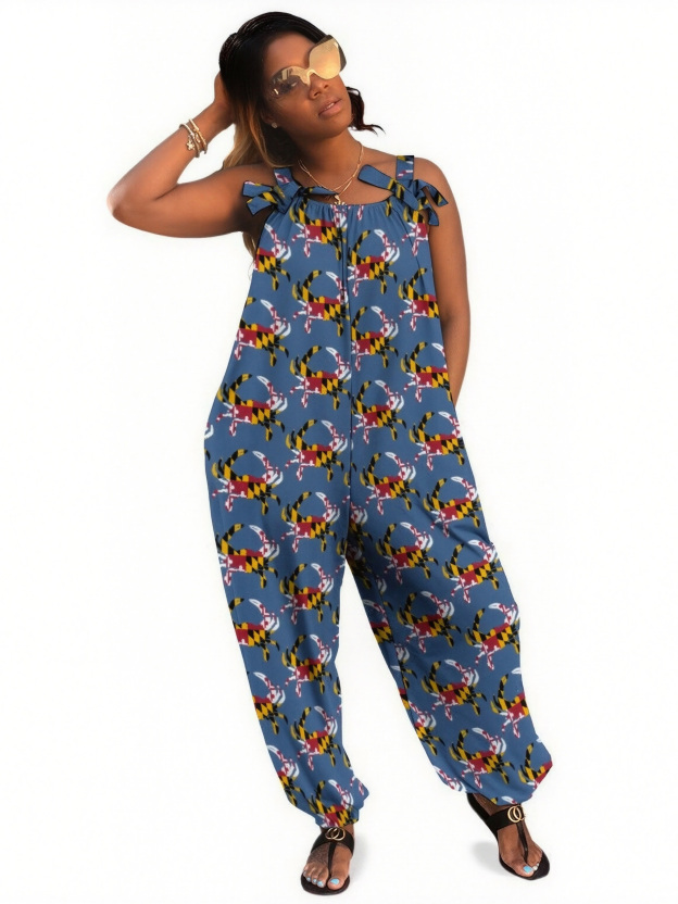 Women Maryland Flag Blue Crab Print Loose Fit Baggy Harem Overall Jumpsuit Tie Spaghetti Strap Casual Long Pants Rompers