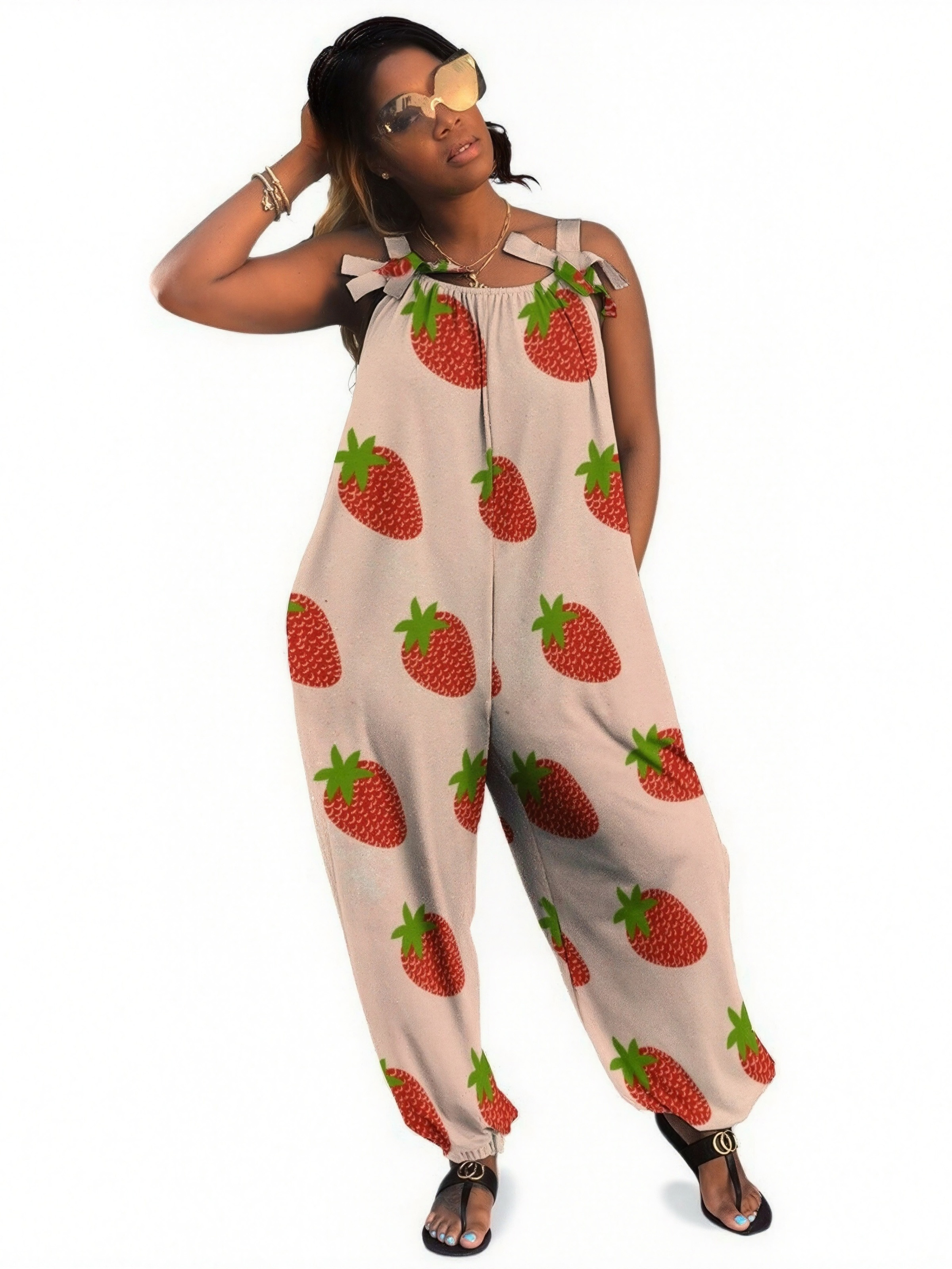 Women Modern Red Strawberries Brown Print Loose Fit Baggy Harem Overall Jumpsuit Tie Spaghetti Strap Long Pants Rompers