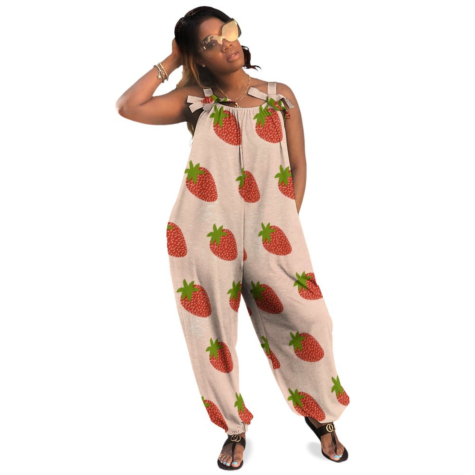 Women Modern Red Strawberries Brown Print Loose Fit Baggy Harem Overall Jumpsuit Tie Spaghetti Strap Long Pants Rompers