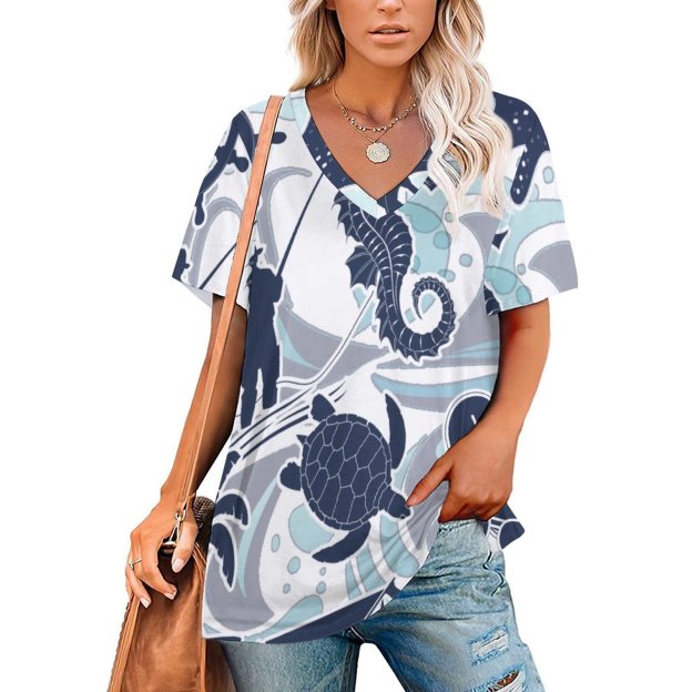 S-4XL Funny Vintage Nautical Beach Womens Summer Casual T Shirts Boho Full Print Short Sleeve Loose Hippie Tunic Tops-Charlylifestyle