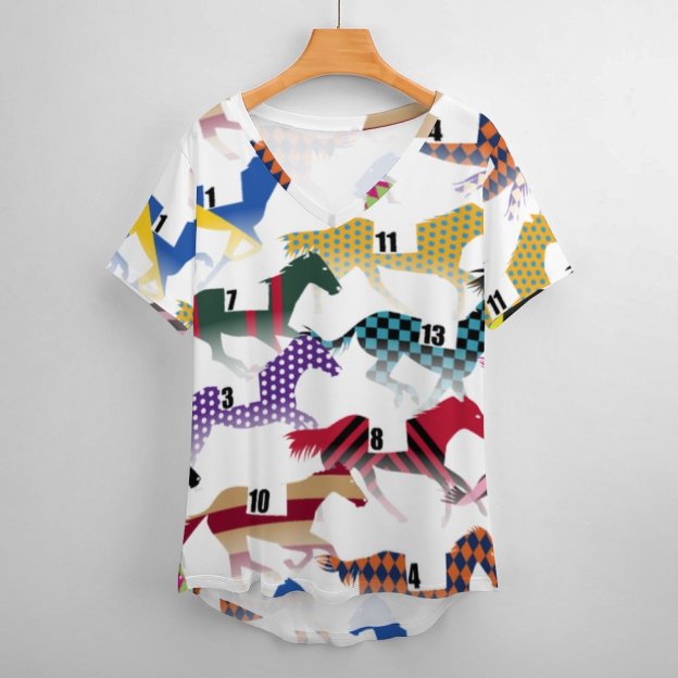 Off To The Horse Races Jockey Silk Womens Summer Casual T Shirts Boho Full Print Short Sleeve Loose Hippie Tunic Tops-Charlylifestyle