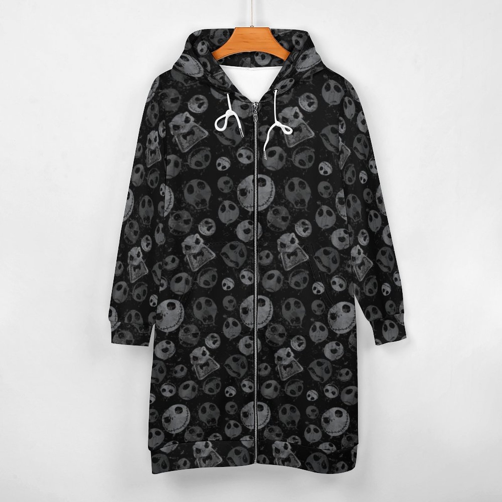 Funny Jack Skellington Pattern Zip Up Long Hoodie Jacket Coat Women Tunic Sweatshirt Plus Size Open Front Cardigan Outfits
