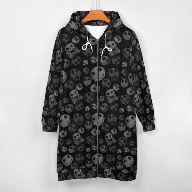 Funny Jack Skellington Pattern Zip Up Long Hoodie Jacket Coat Women Tunic Sweatshirt Plus Size Open Front Cardigan Outfits