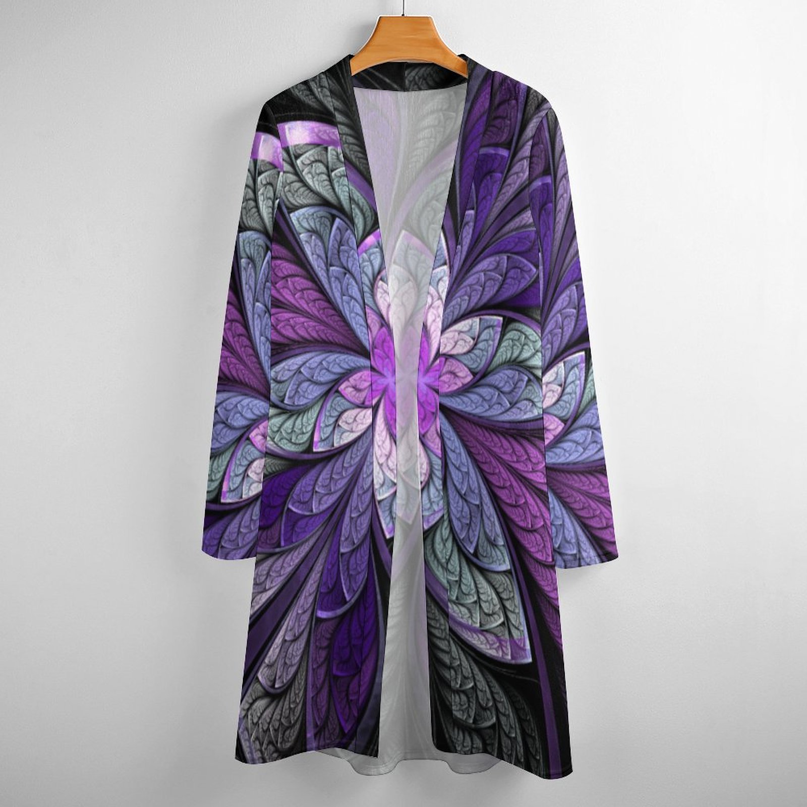 S-2Xl Modern Abstract Purple Stained Glass Open Front Cardigans Women Long Sleeve Lightweight Midi Duster Cardigan