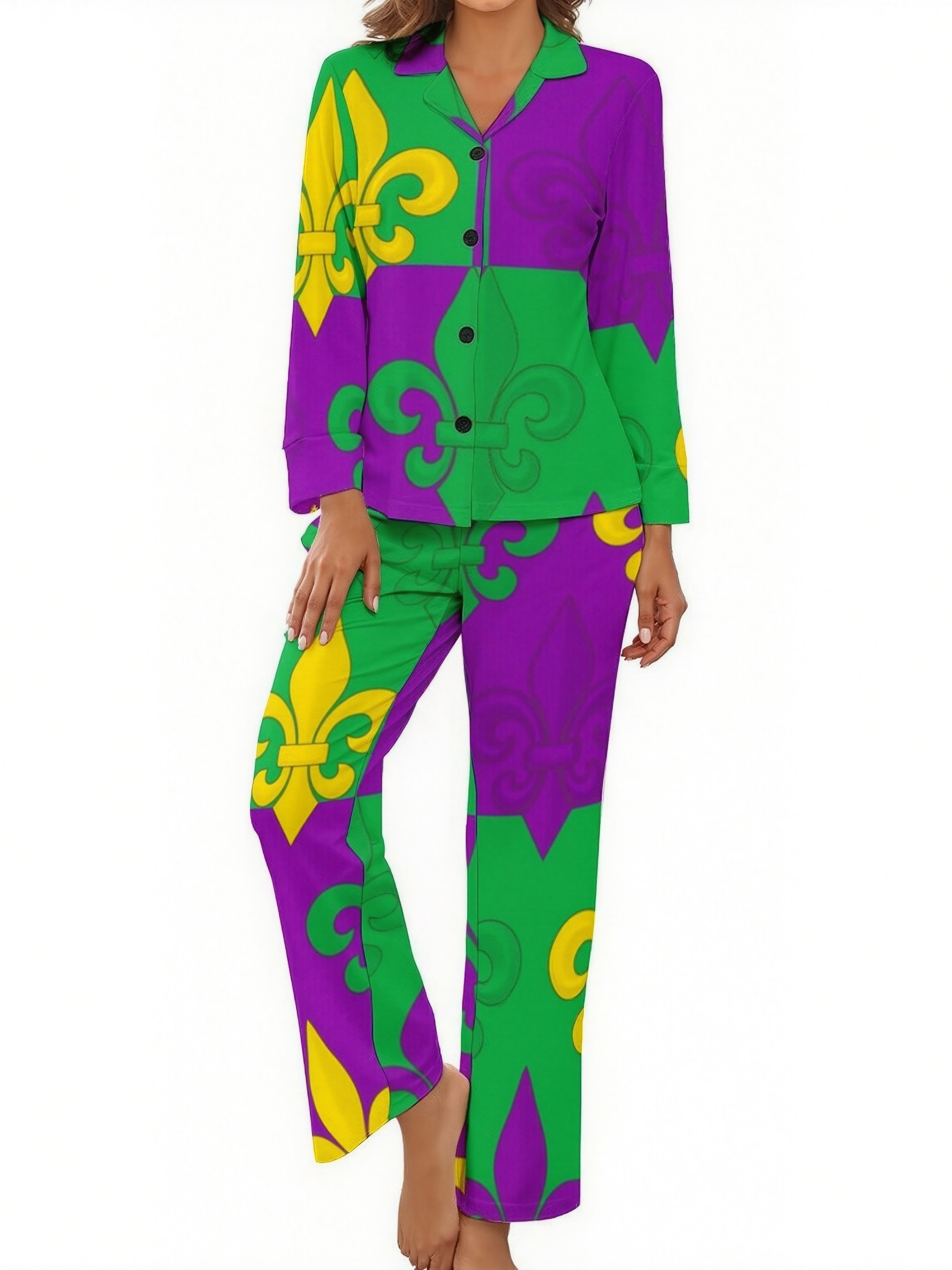Mardi Gras French Fleur De Lis Women Long Sleeve 2 Piece Sleepwear Casual Button Down Loungewear Pjs Set Nightwear