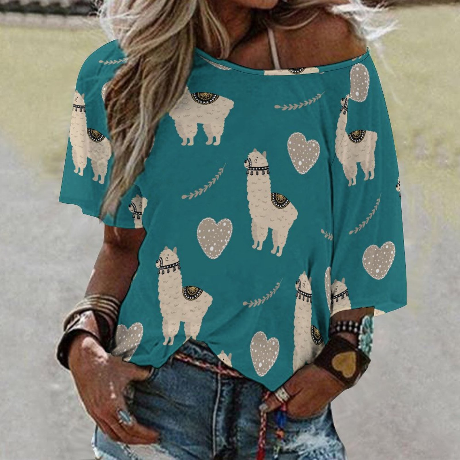 Funny Vintage Llama Heart Love 3/4 Bell Sleeve T-Shirt Elbow Length Basic Tunics Tops for Women-Charlylifestyle