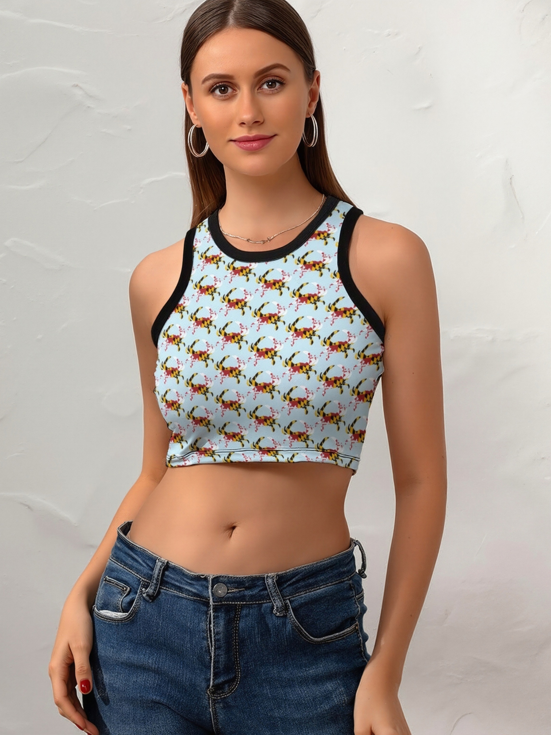 Women Maryland Flag Blue Crab Crew Neck Crop Tank Basic Sleeveless Graphic Hippie Boyfriend Style Tee Tops