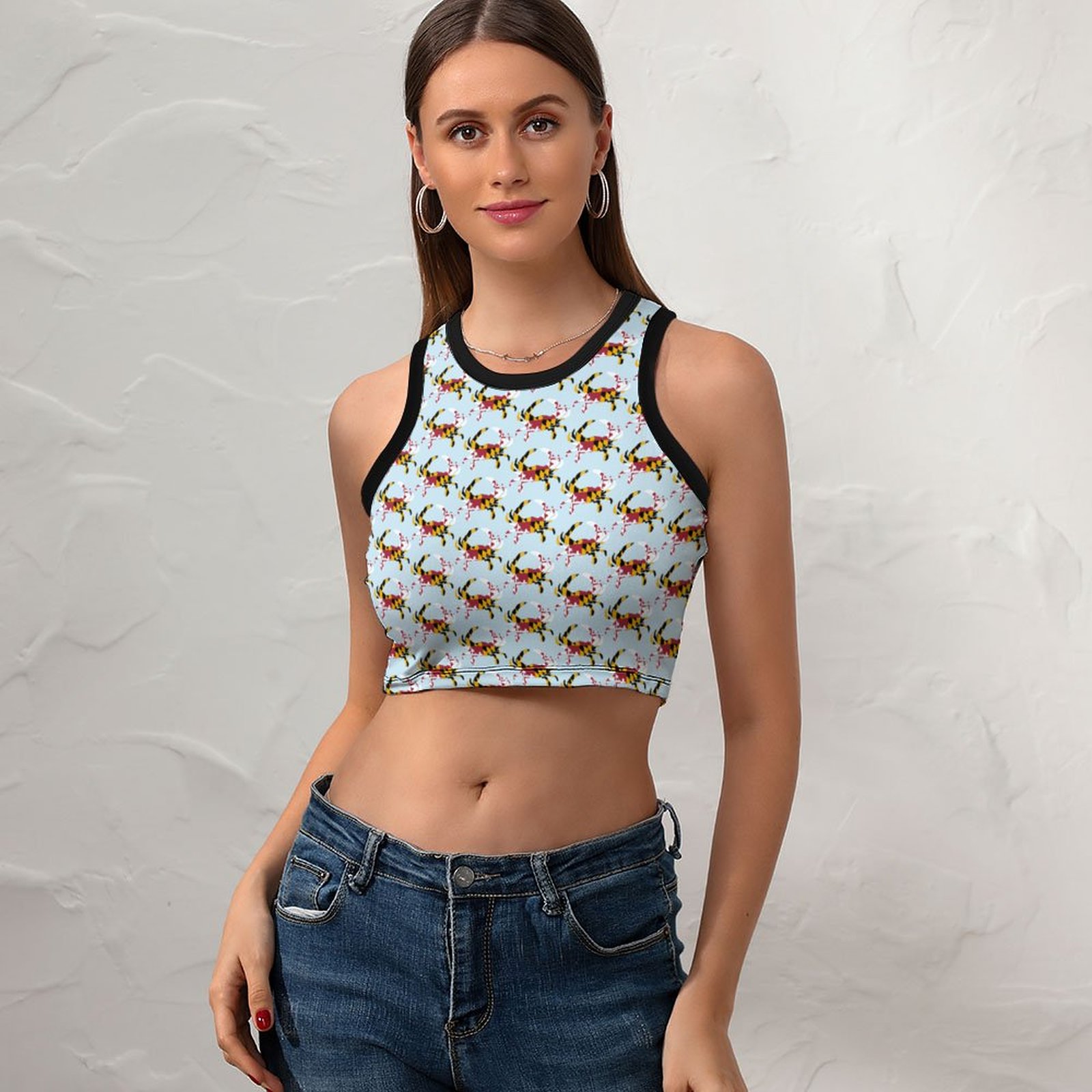 Women Maryland Flag Blue Crab Crew Neck Crop Tank Basic Sleeveless Graphic Hippie Boyfriend Style Tee Tops-Charlylifestyle