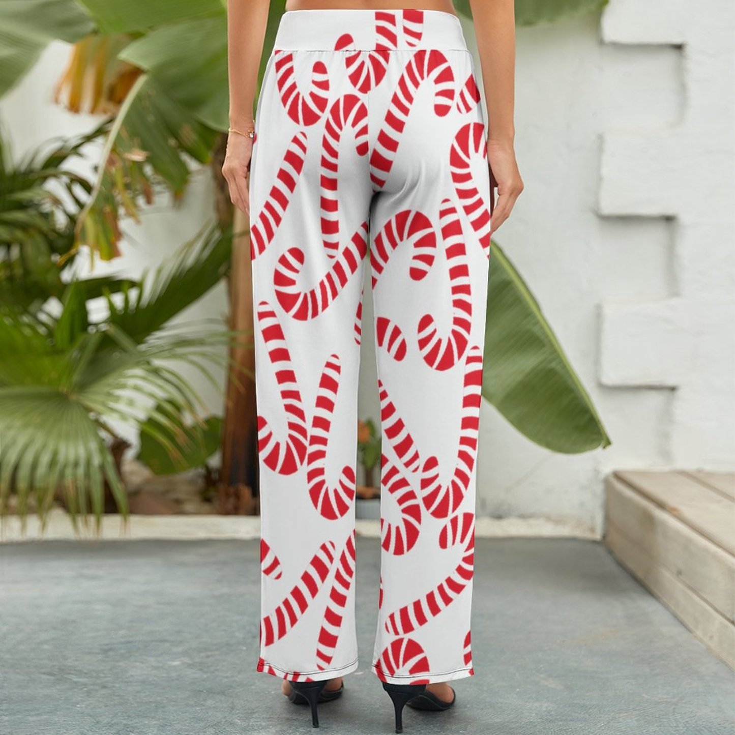 Light Pink Red Candy Cane Printed Women's High Waist Wide Leg Long Palazzo Lounge Pants-Charlylifestyle