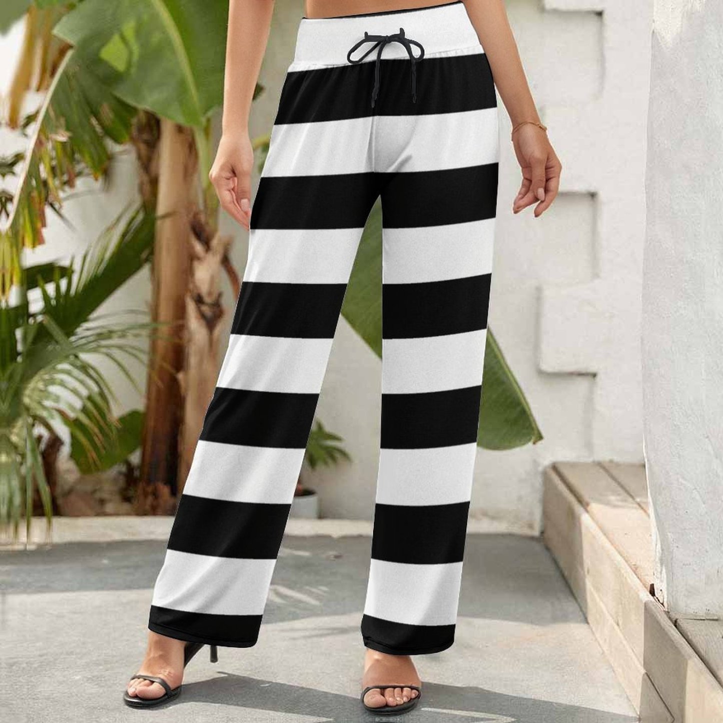 Summer Fall Funny Vintage Jail Stripes Women Casual Elastic Waist Wide Leg Pants Trousers-Charlylifestyle