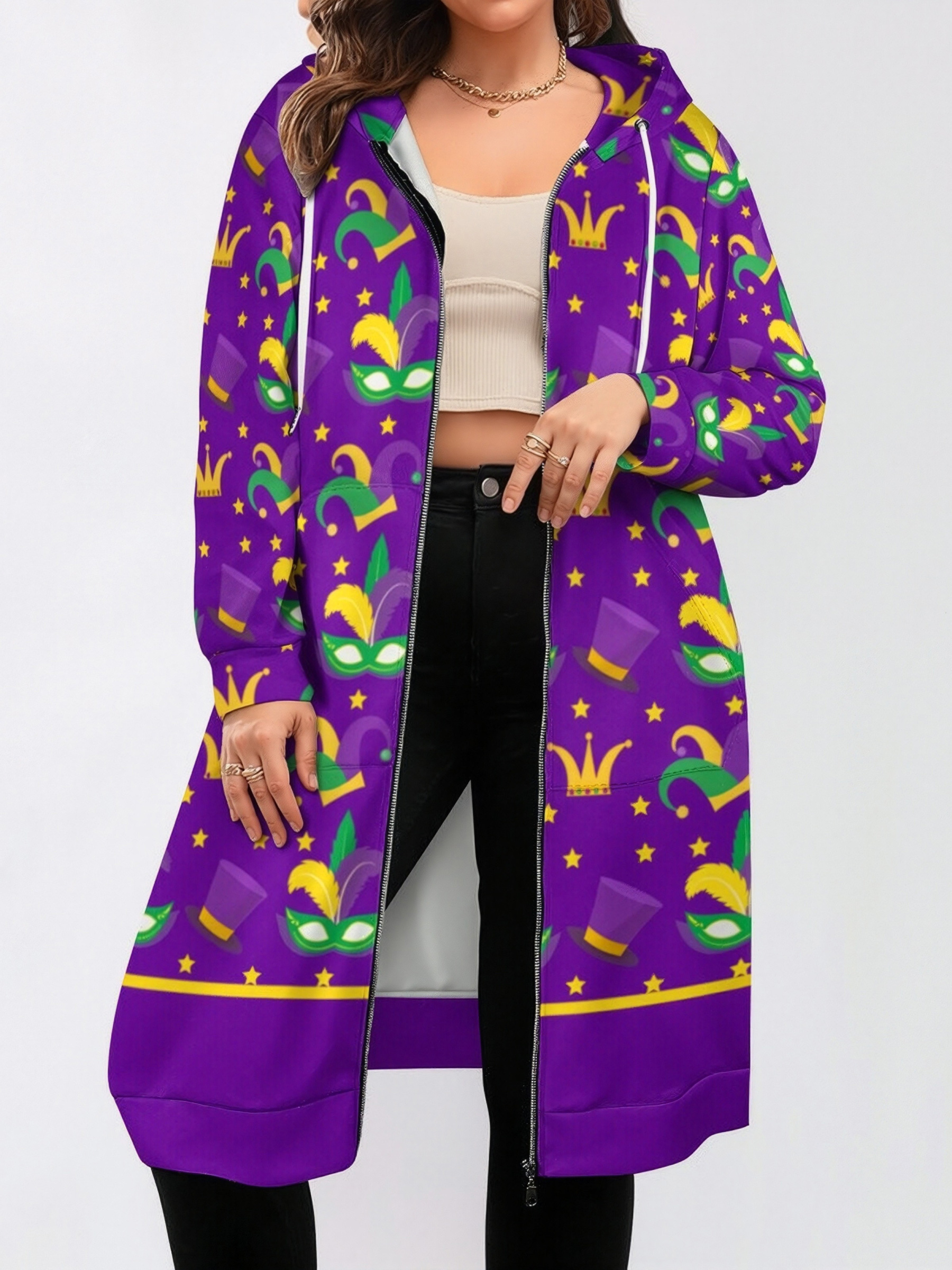 Festive Mardi Gras Carnival Fun Zip Up Long Hoodie Jacket Coat Women Tunic Sweatshirt Loose Plus Size Open Front Cardigan Outfits