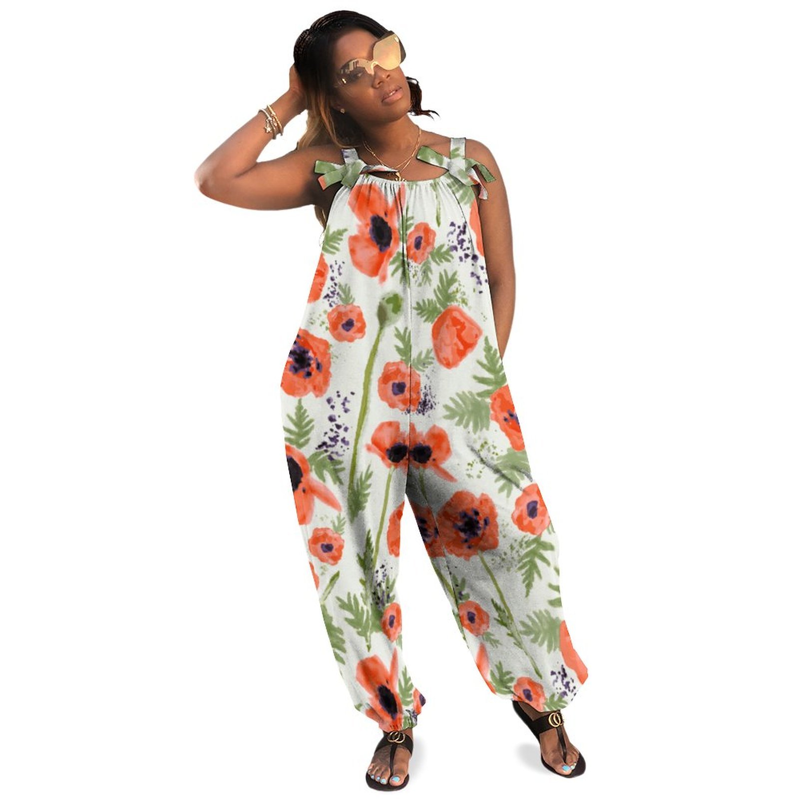 Women Orange Red Poppy Flowers Watercolor Print Loose Fit Baggy Harem Overall Jumpsuit Tie Spaghetti Strap Long Pants Rompers