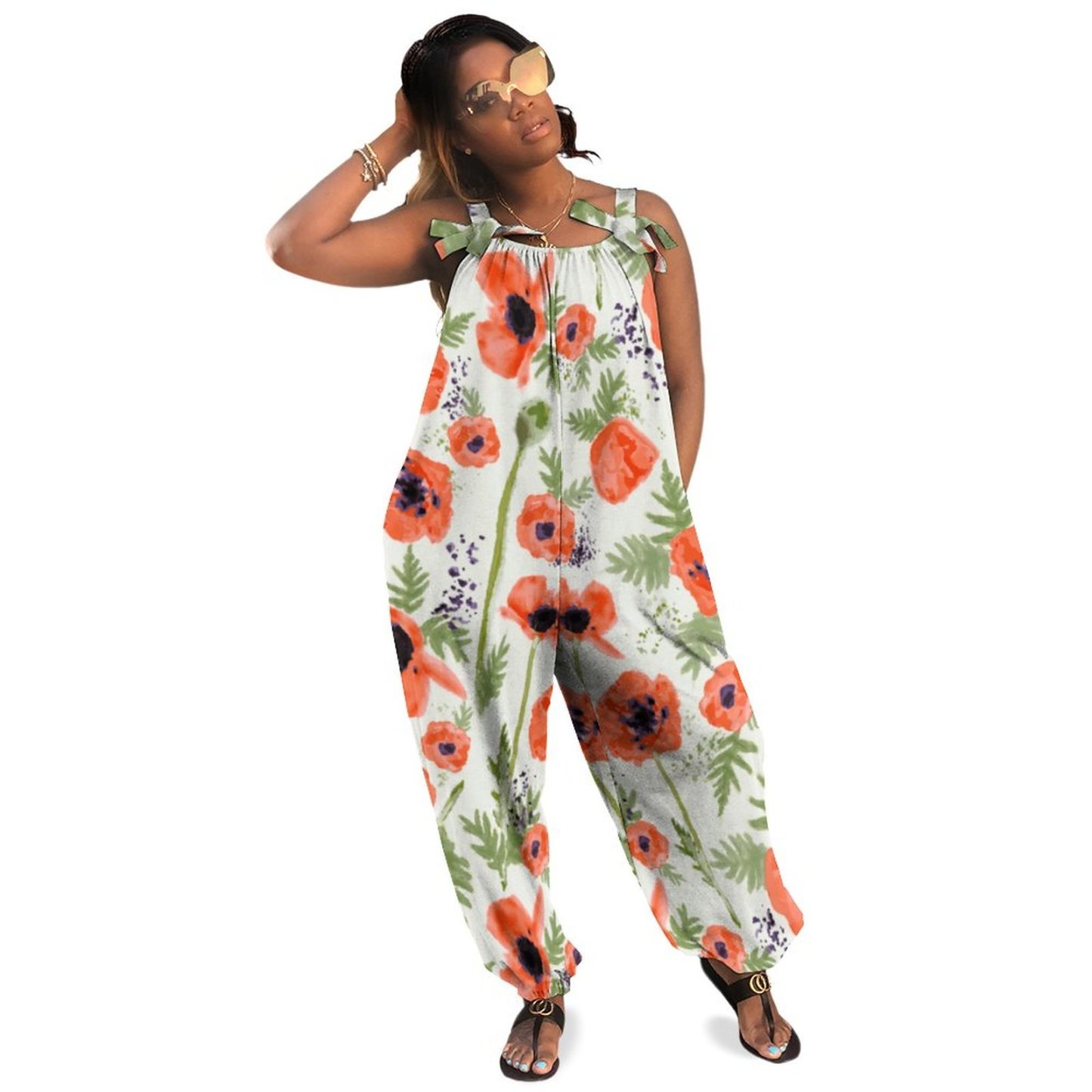 Women Orange Red Poppy Flowers Watercolor Print Loose Fit Baggy Harem