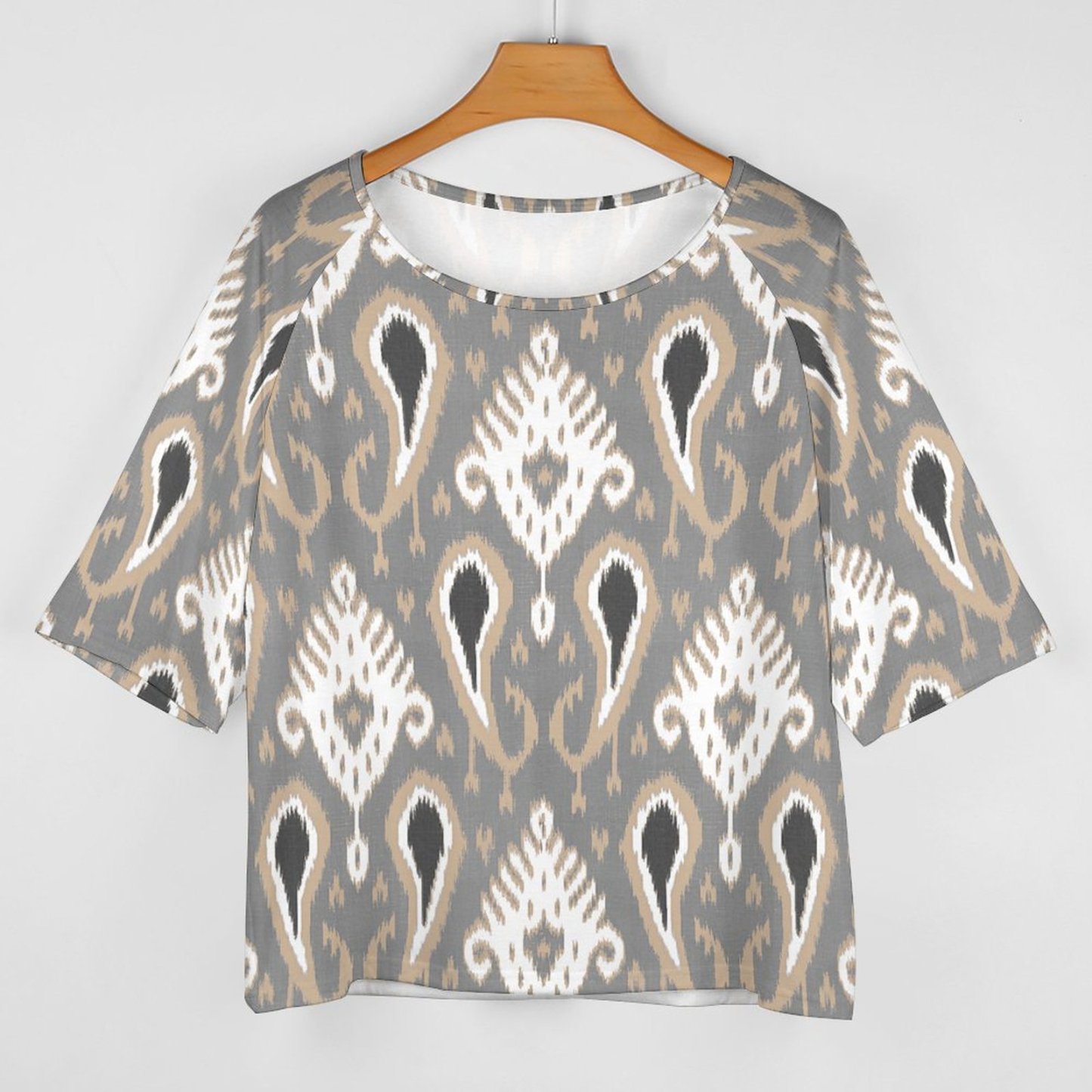 Light Brown Taupe Gray Ikat Tribal Art 3/4 Bell Sleeve T-Shirt Elbow Length Basic Tunics Tops for Women-Charlylifestyle
