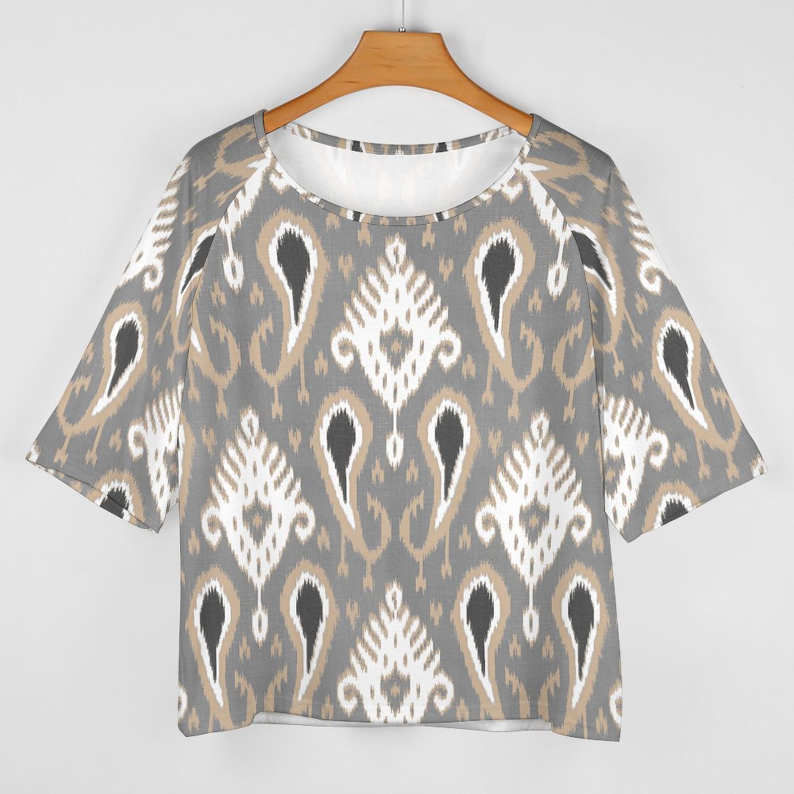 Light Brown Taupe Gray Ikat Tribal Art 3/4 Bell Sleeve T-Shirt Elbow Length Basic Tunics Tops for Women-Charlylifestyle