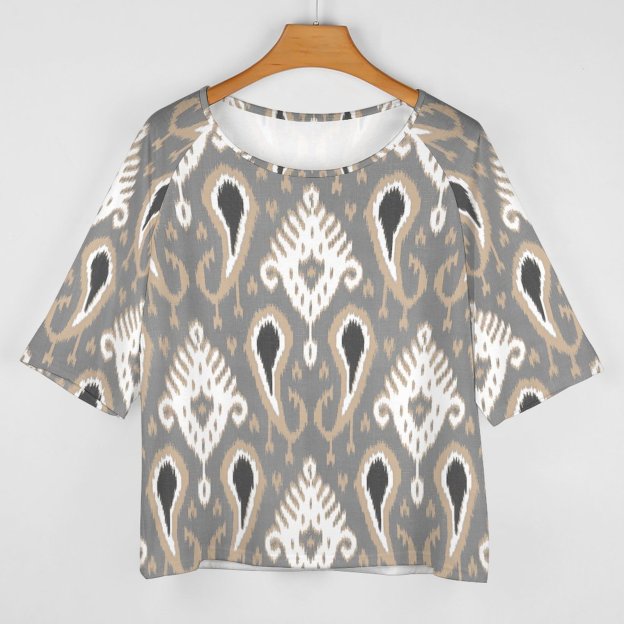 Light Brown Taupe Gray Ikat Tribal Art 3/4 Bell Sleeve T-Shirt Elbow Length Basic Tunics Tops for Women-Charlylifestyle
