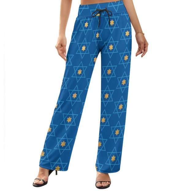 Jewish Blue And Gold Star Of David Printed Women's High Waist Wide Leg Long Palazzo Lounge Pants-Charlylifestyle