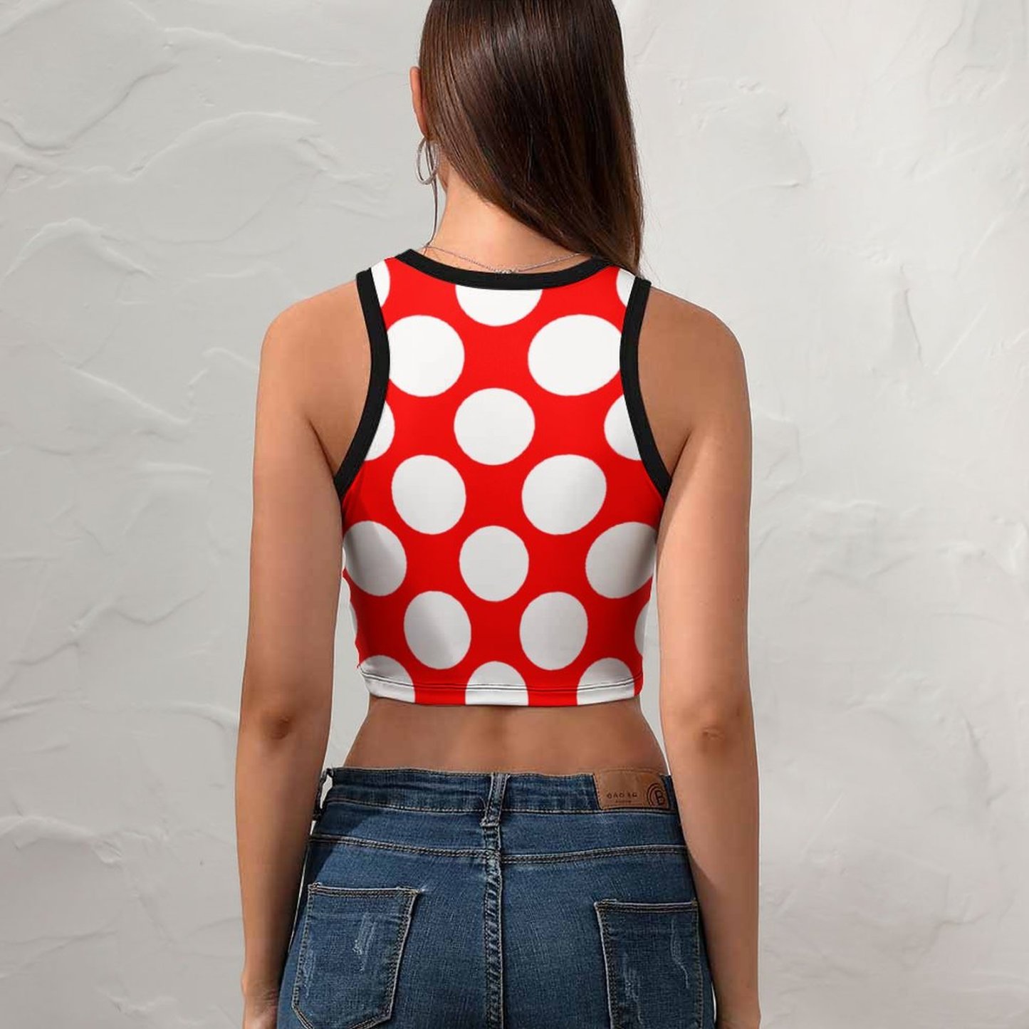 Summer Modern Bright Red White Polka Dots Women's Sexy Sleeveless Racer Back Tank Tops Halter Neck Crop Tops-Charlylifestyle