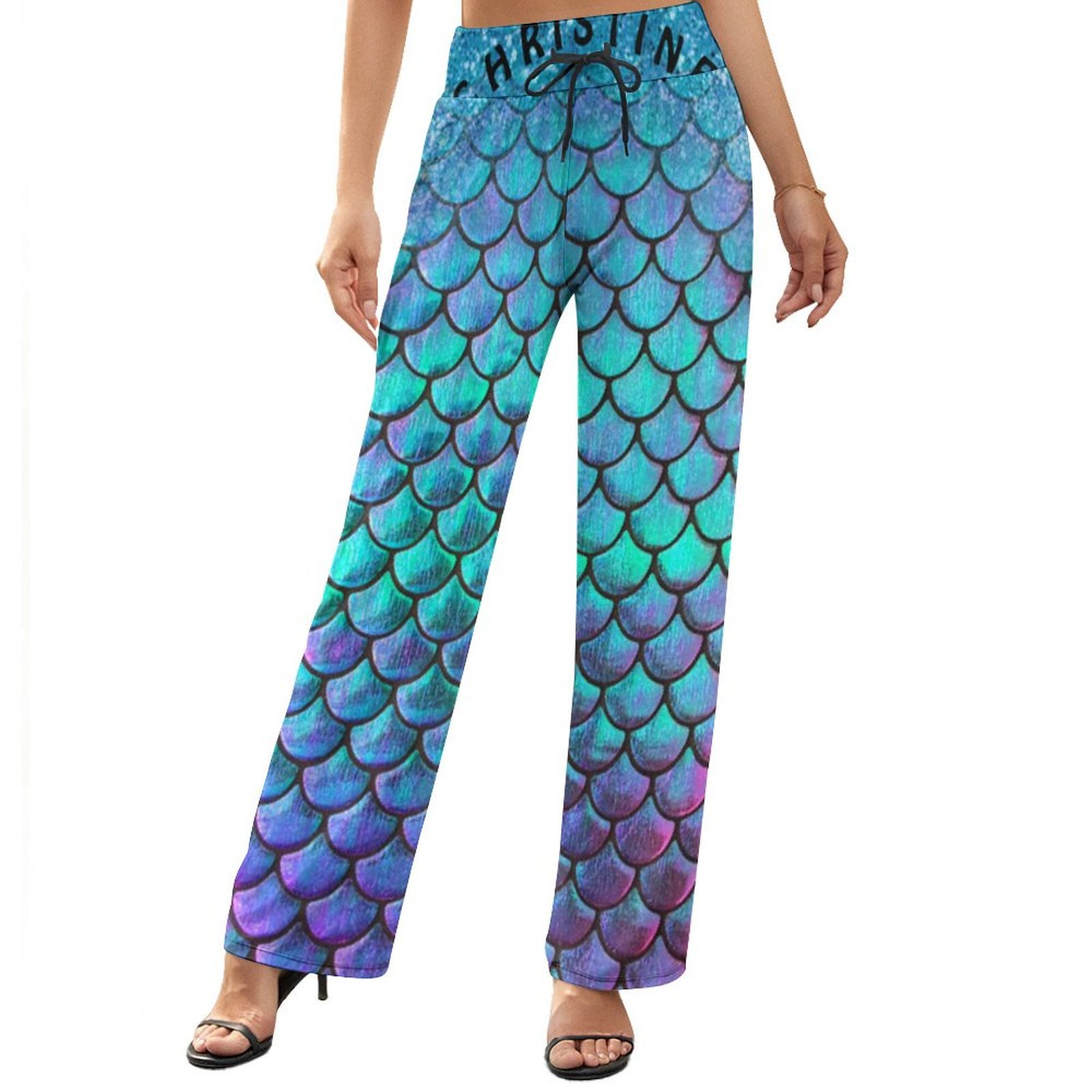 S-2XL Mermaid Fish Scale Women's High Waist Wide Leg Long Palazzo Lounge Pants-Charlylifestyle