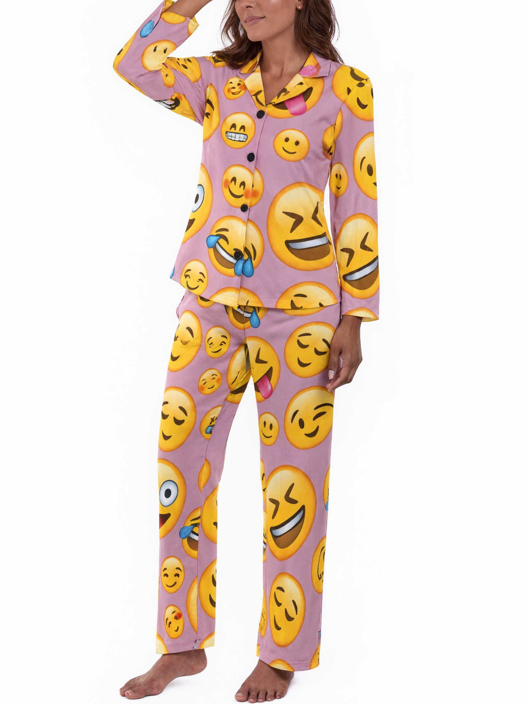 Laugh Out Loud Lol Emoji Women Long Sleeve Two Piece Sleepwear Soft Button Down Loungewear Pjs Set Nightwear