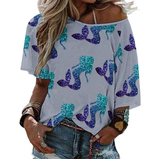 S-5XL Mermaid Aqua Blue Ombre Sparkles O Neck Batwing Half Sleeve Shirts Women Loose Street Blouse Print Tops-Charlylifestyle