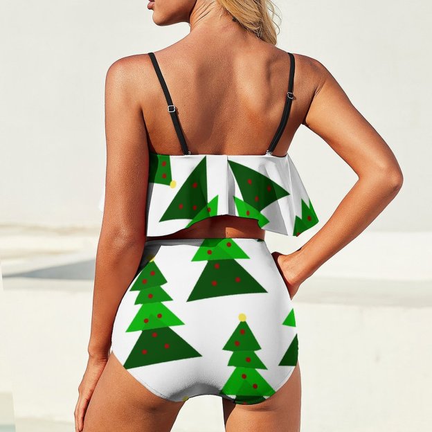 Minimalist Cute And Homey Christmas Tree Women Lace Up Beach Swimsuits Straps Halter Cross Front Two Piece Ruffle Bathing Suit