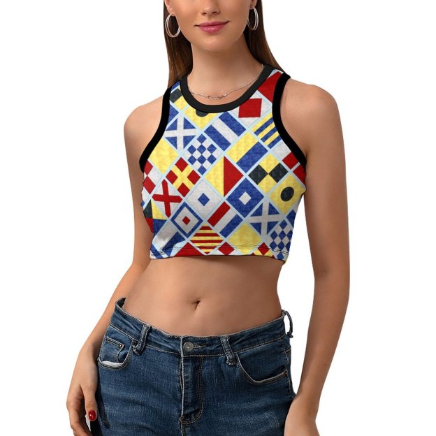 Women Mariners Watercolor Nautical Flags Crew Neck Crop Tank Basic Sleeveless Graphic Tee Tops-Charlylifestyle